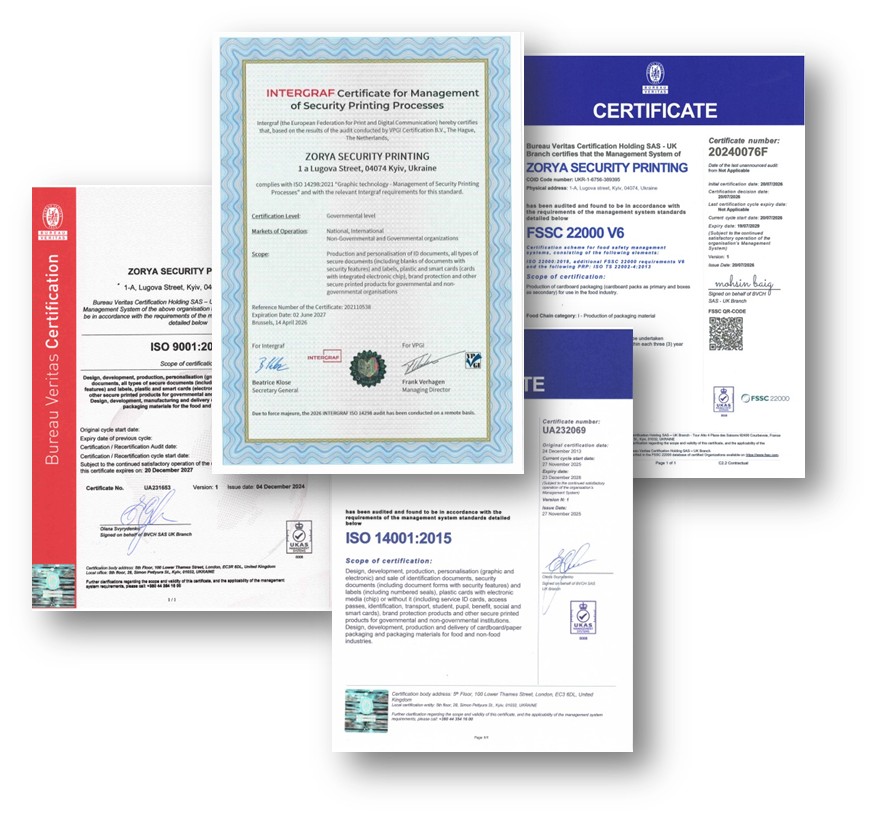 Zorya Security Printing certificates: ISO 9001, ISO 14001, ISO 14298, ISO 22000